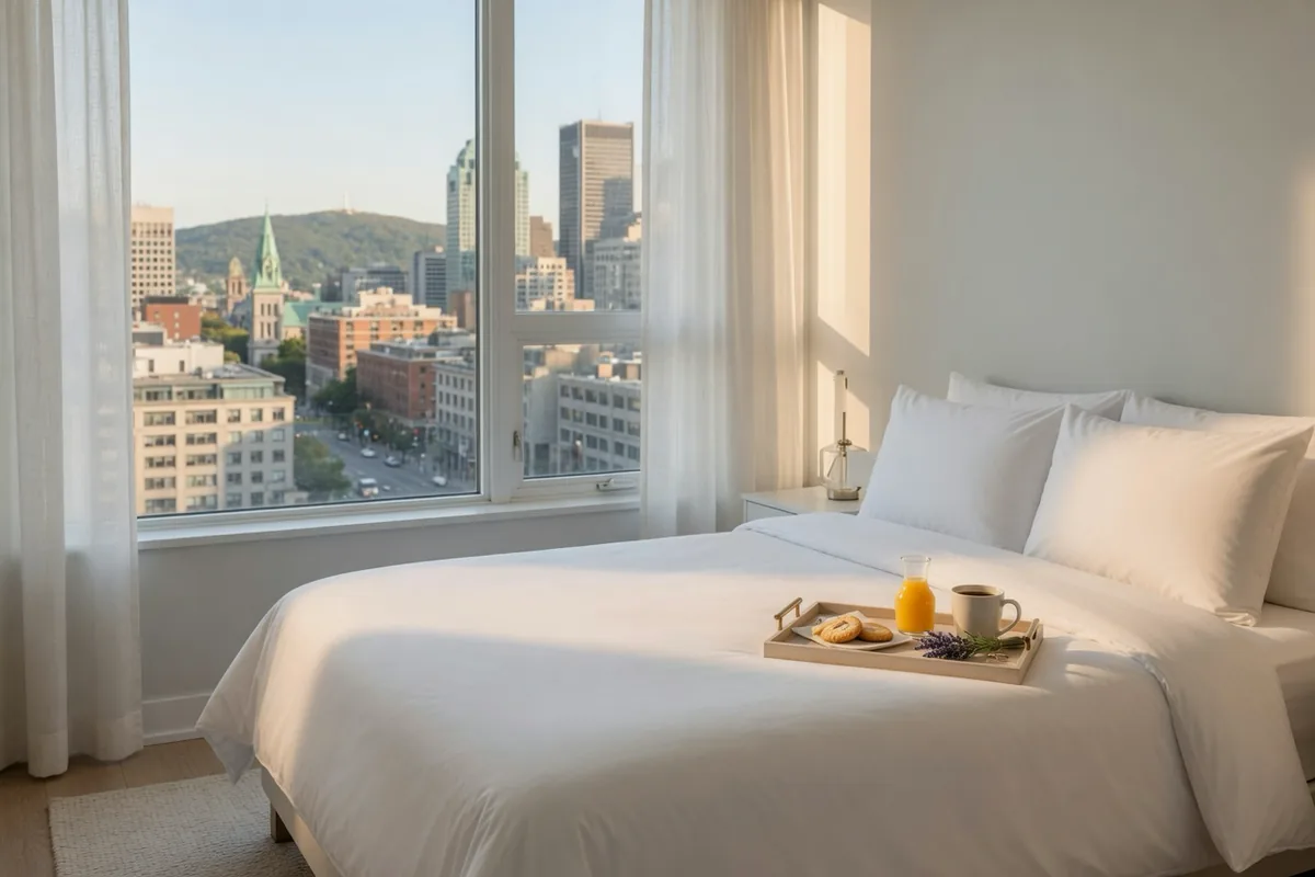 Lit fait à la façon d'un hôtel, draps blancs impeccables et fenêtre avec vue sur la ville