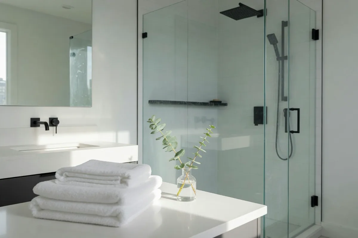 Douche vitrée impeccable et serviettes blanches pliées