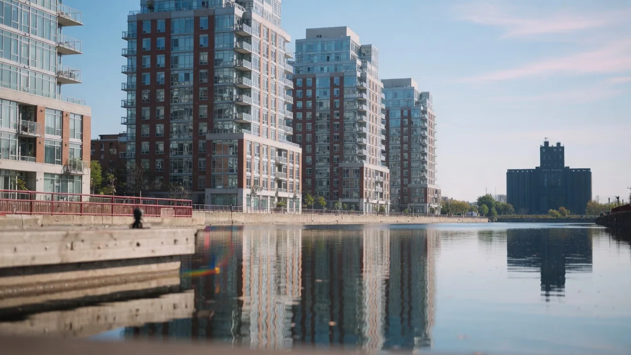 Tours de condos de Griffintown au bord du bassin Peel, un matin clair