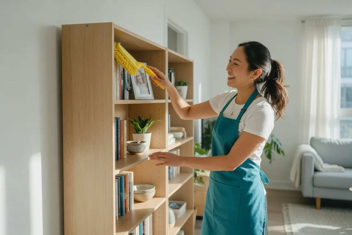 Ménagère souriante en tablier turquoise qui époussette une bibliothèque