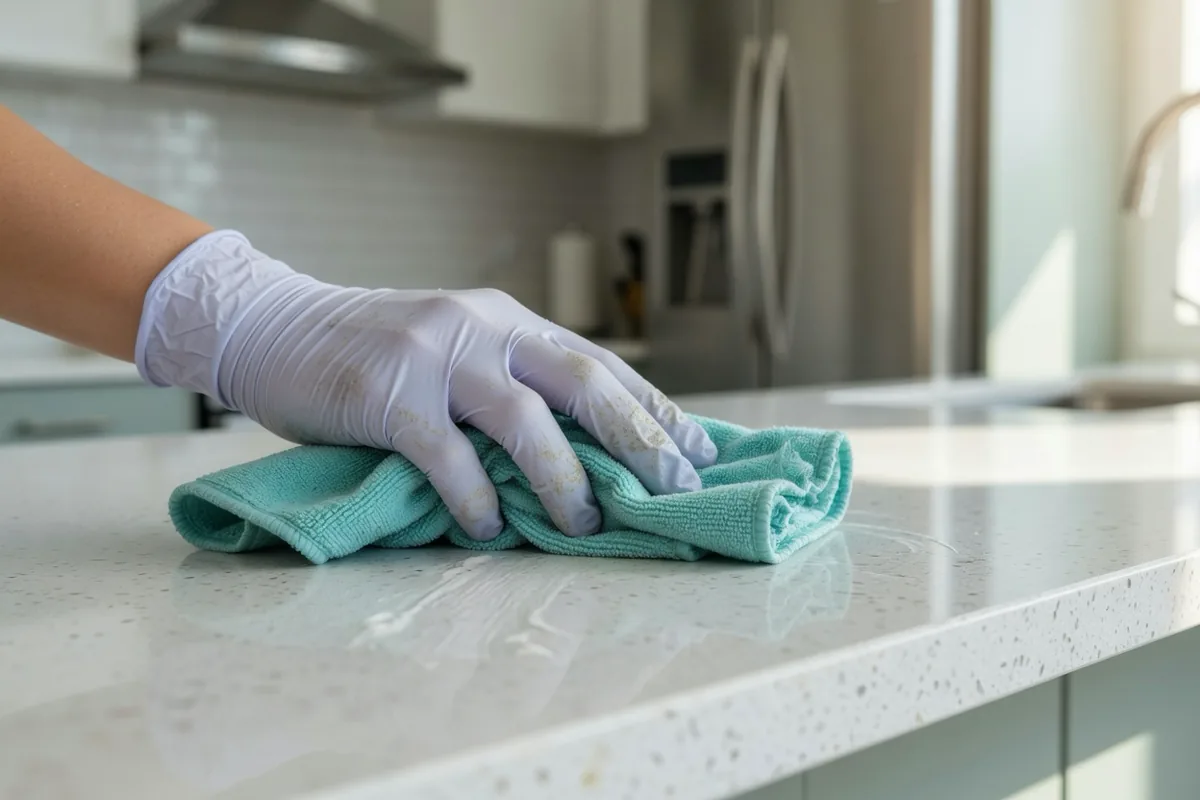 Îlot de cuisine en quartz blanc essuyé avec un chiffon turquoise